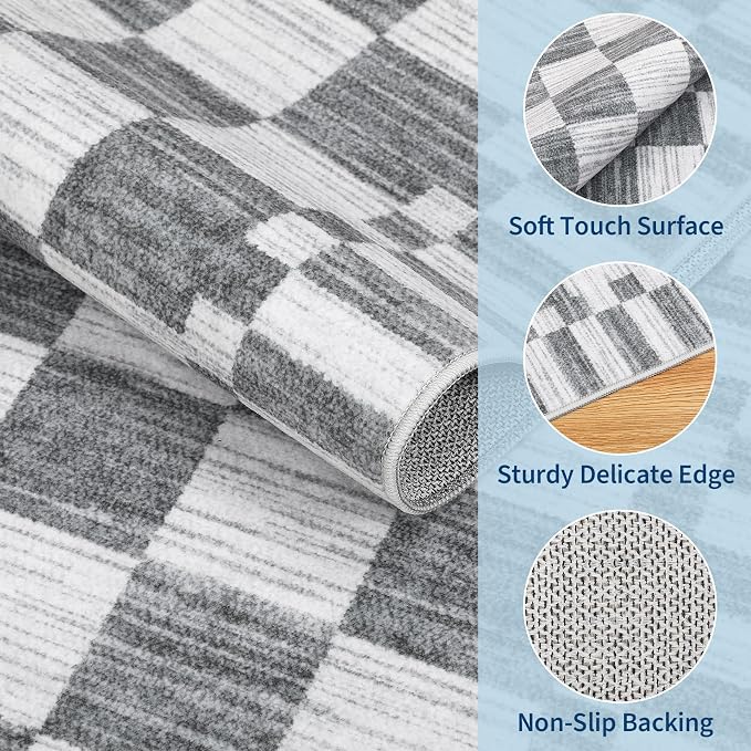 GarveeHome Grey Checkered Rug 2x3 Washable Rug Non-Slip for Entryway, Soft Low-Pile Small Area Rugs, Modern Geometric Rugs for Kitchen