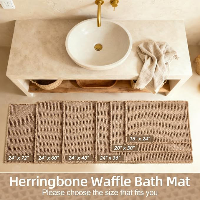 Sunfly Boho Bathroom Rug, Herringbone Waffle Bath Mat Non-Slip Washable Super Absorbent Quick Dry, Small Farmhouse Bath Mat for Bathroom Floor Decor 16"*24" Khaki