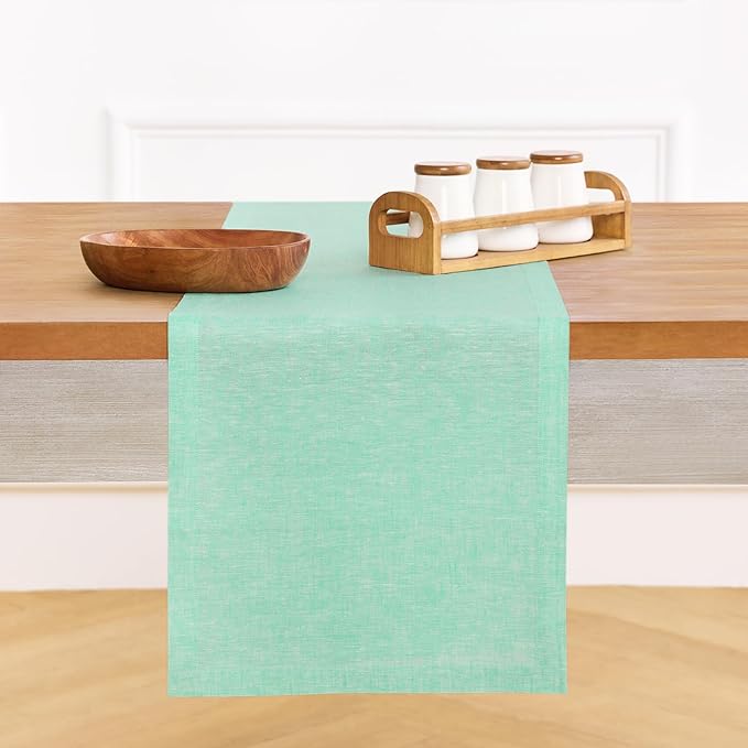 Solino Home Linen Table Runner 90 Inches Long - Athena, 100% Pure Linen Chambray Aqua Dining Table Runner 14 x 90 Inch for Summer