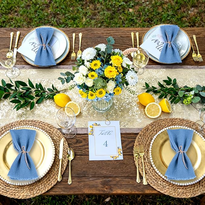 50 Pack Cyan Handmade Cloth Napkins 16 x 16 Inch Cotton Linen Napkins with Fringe, Washable and Reusable Napkins, Soft Rustic Boho Fringe Cloth Napkins for Dinners,Parties, Wedding