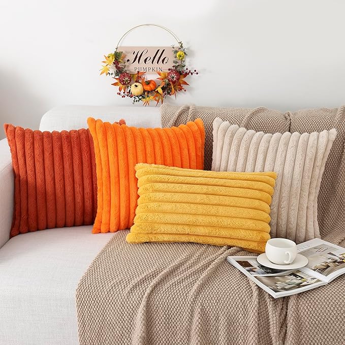 Pallene Faux Fur Plush Fall Throw Pillow Covers 12x20 Set of 2, Luxury Soft Fluffy Striped Decorative Pillow Covers for Sofa, Couch, Living Room, Rust