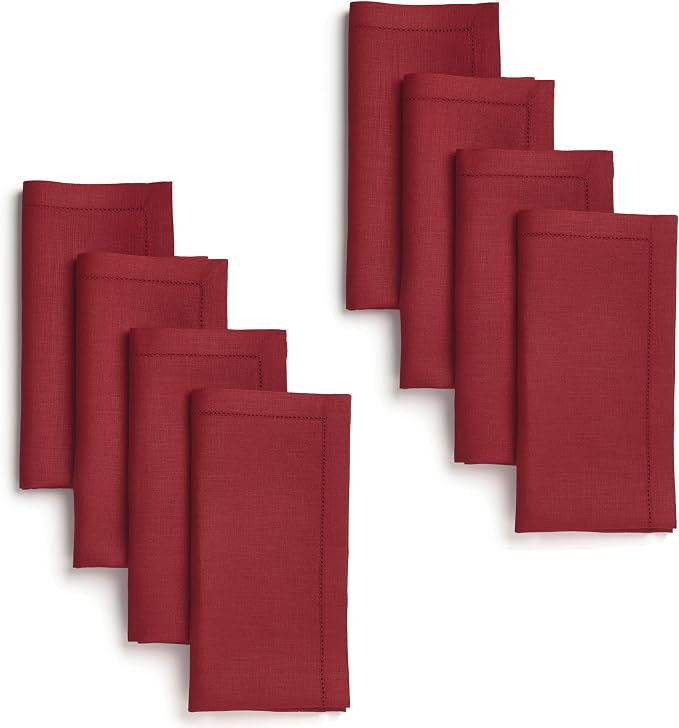 Signature Linen™ by D'Moksha Red Dinner Napkins Set of 8, 20 x 20 Inch Cloth Napkins, 100% Pure Linen, Hemstitch, Machine Washable Table Napkins- Summer, 4th July