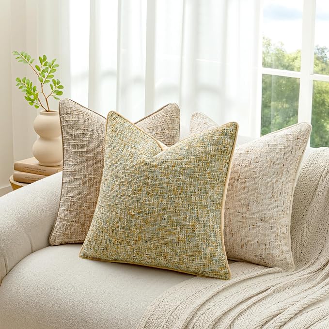 a moment Yellow Reversible Pillow Covers 2 Pack - Farmhouse Chenille Velvet Throw Pillows, Neutral Textured Decorative Throw Pillow Covers with Border for Couch Sofa Bed (20x20 Inch, No Insert)