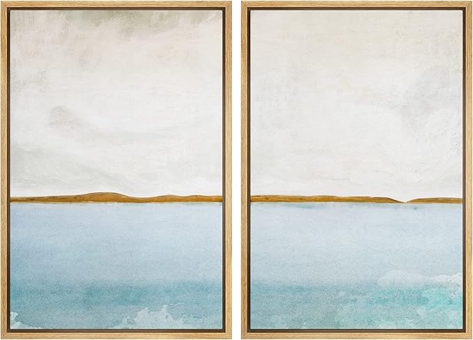 SIGNWIN Framed Canvas Print Wall Art Set Gold Blue Ocean Sea Beach Landscape Nature Wilderness Illustrations Modern Art Decorative Rustic Chic for Living Room, Bedroom, Office - 24"x36"x2 Natural