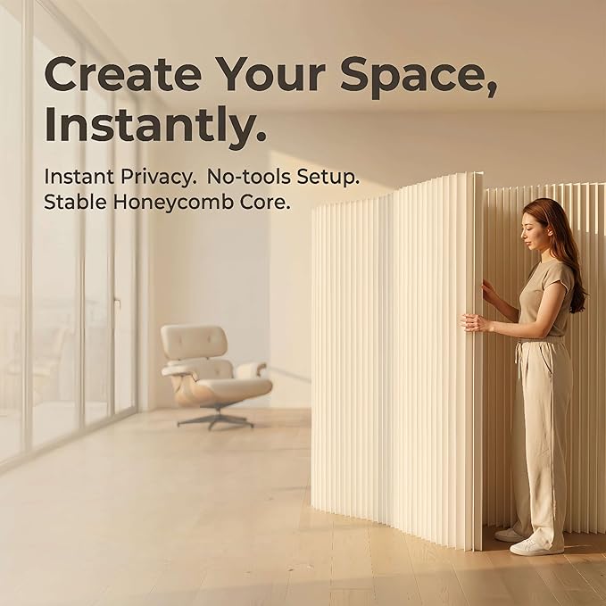 Folding Paper Room Divider Panel, Portable Partitions Wall Divider for Room Separation, Retractable Accordion Privacy Screens for Dorm Studio Office, Easy for Use and Store, Versatile Shapes, White