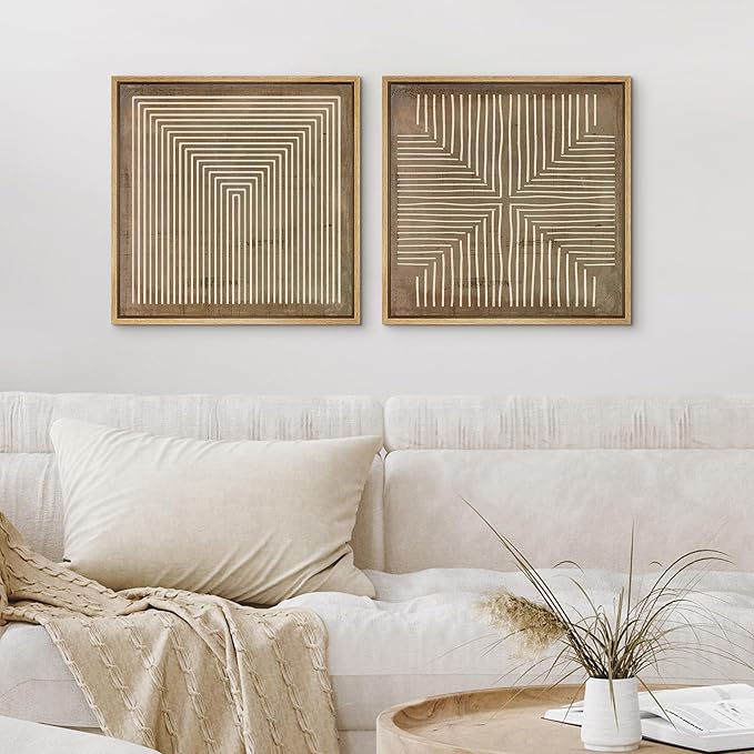 SIGNFORD Framed Canvas Print Wall Art Set Linear Abstract Monochromatic Lines and Abstract Form Illustrations Modern Art Minimal Relax/Calm for Living Room, Bedroom, Office - 16"x16"x2 Natural