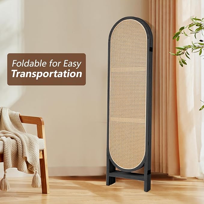Hand-Woven Rattan Room Dividers Panel, 4 Panels Wood Room Divider and Folding Privacy Screens, Room Divider Wall Freestanding Room Partitions Screen for Home Office Bedroom, Black