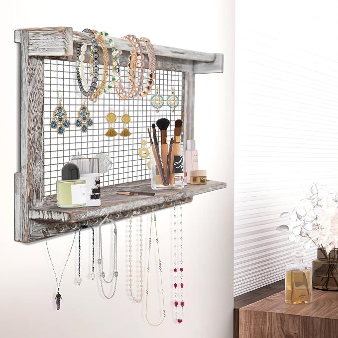 Jerry & Maggie Wall Mounted Jewelry Organizer, Wooden Necklace Holder Hanger with Hooks, Wall Jewelry Organizer Wall Mount for Necklace Display (4 Pack)