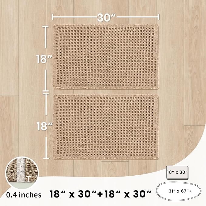 Bathroom Rugs Sets 2 Piece - Waffle Bath Mat Non Slip, Washable Bathroom Mats Absorbent Soft Boho Decor, Quick Dry Shower Mats, 2 Pack 18x30 Inch, Khaki