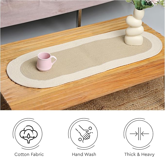 Encasa XO Dining Table Runner | Handmade Ribbed Style Cotton | 12x36 in | Beige & Off White | for Coffee & Center Table