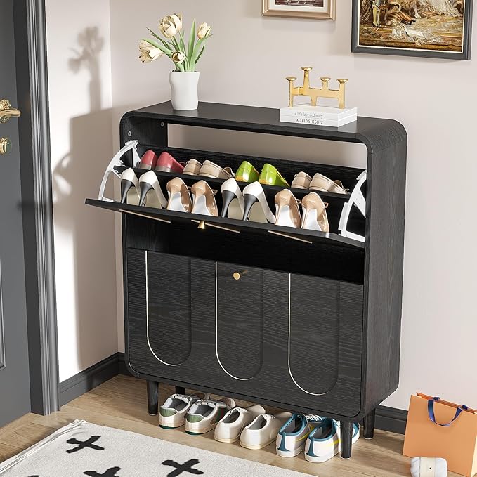 Narrow Shoe Storage Cabinet for Entryway with 2 Flip Drawers, Curved Shoe Cabinet with Arched Stripe Panel, Freestanding Hidden Shoe Organizer Closed for Foyer, Hallway (Black, 31.5 inches)