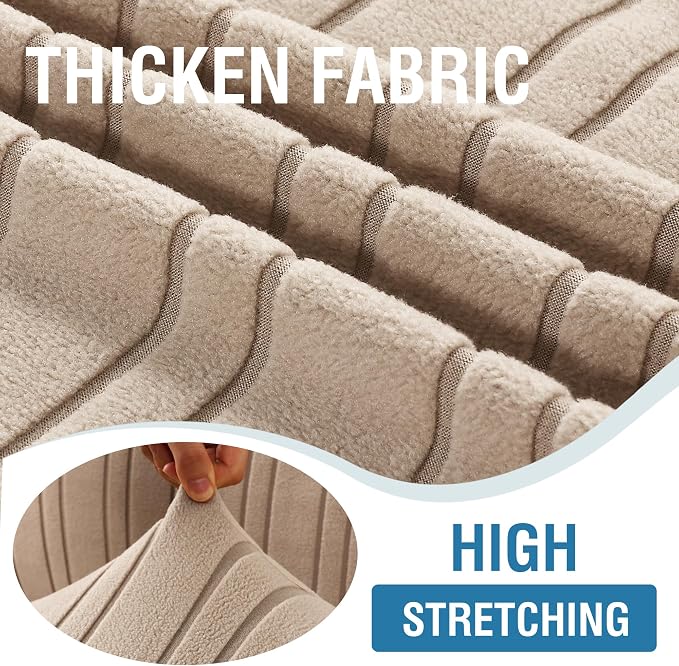 H.VERSAILTEX High Stretch Chair Covers 1-Piece Couch Cover Non Slip Sofa Cover with Elastic Bottom Sofa Covers Washable Polyester Spandex Jacquard Fabric Stripe Design(Armchair-Standard, Sand)