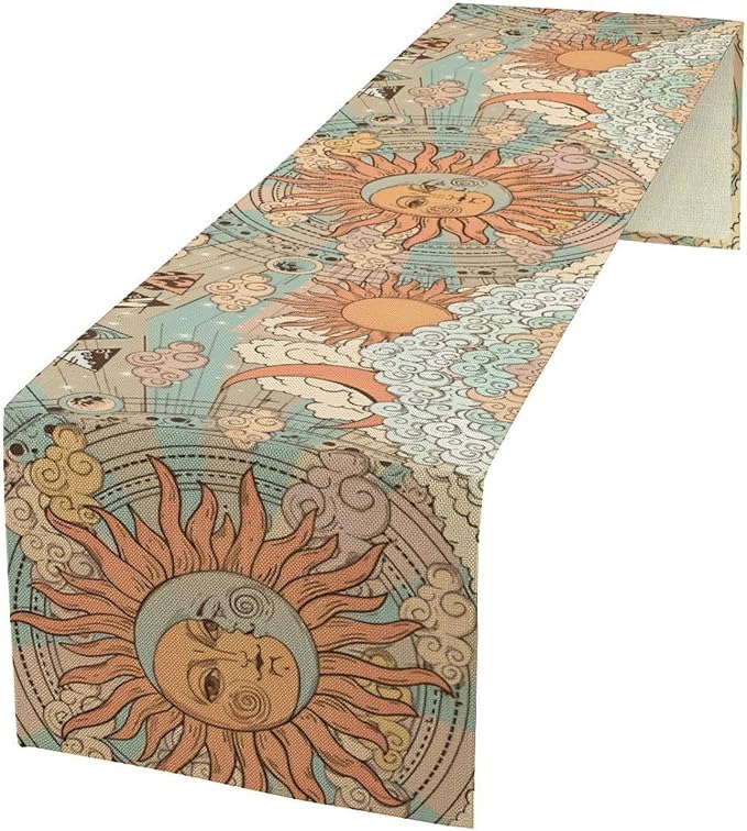 Bohemian Moon Sun Table Runner, Retro Boho Funny Sun Moon Clouds Design Table Runner for Kitchen Dining Party Decor, 13x60 Inch