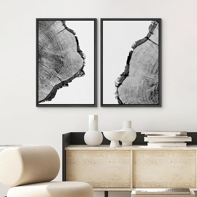 SIGNWIN Framed Wall Art Print Set Black & White Close Up Tree Ring Details Nature Wilderness Photography Modern Art Rustic Relax/Calm Multicolor for Living Room, Bedroom, Office - 16"x24"x2 Black