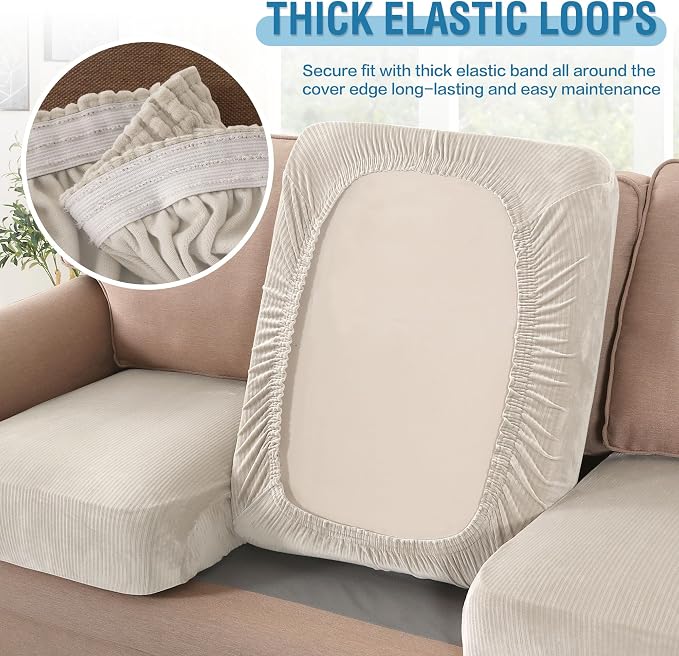H.VERSAILTEX Velvet Stretch Couch Cushion Cover Plush Cushion Slipcover for Chair Loveseat Sofa Cushion Furniture Protector Seat Cushion Sofa Cover (2 Piece Large Sofa Cushion Covers, Ivory Striped)