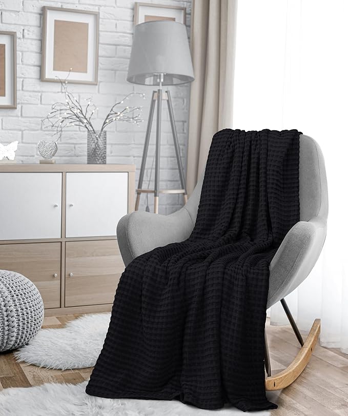 Utopia Bedding 100% Cotton Waffle Weave Blanket Queen Size for Bed - Lightweight, Breathable Summer Blankets Soft and Cozy, Gift for Mother’s Day Home Decor (Black, 90x90 Inch)