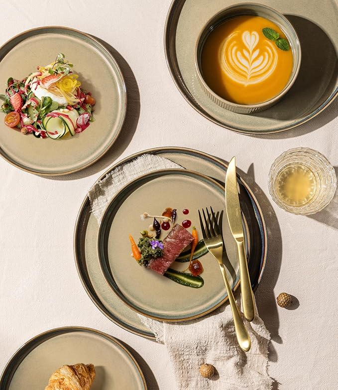 GBHOME Stoneware Dinnerware Sets for 4, 12 Pieces Ceramic Ribbed Plates and Bowls Set, Reactive Glaze Stackable Plate Sets, Scratch Resistant Dishes, Microwave & Dishwasher Safe, Pale Khaki