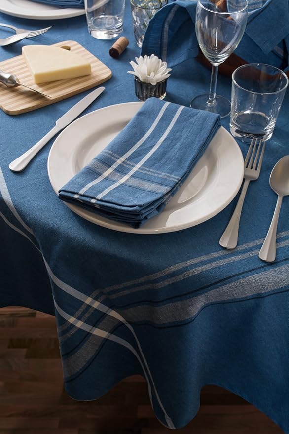 DII French Stripe Tabletop Collection Farmhouse Style Dining Table Linen Tablecloth, 60x84, Blue Chambray