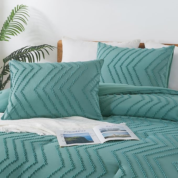 Andency Grayish Teal Comforter Set Full Size, Boho Soft Warm Bedding Comforter Sets for Full Bed, 3 Pieces Vintage Chevron Tufted Aesthetic Comforter Set