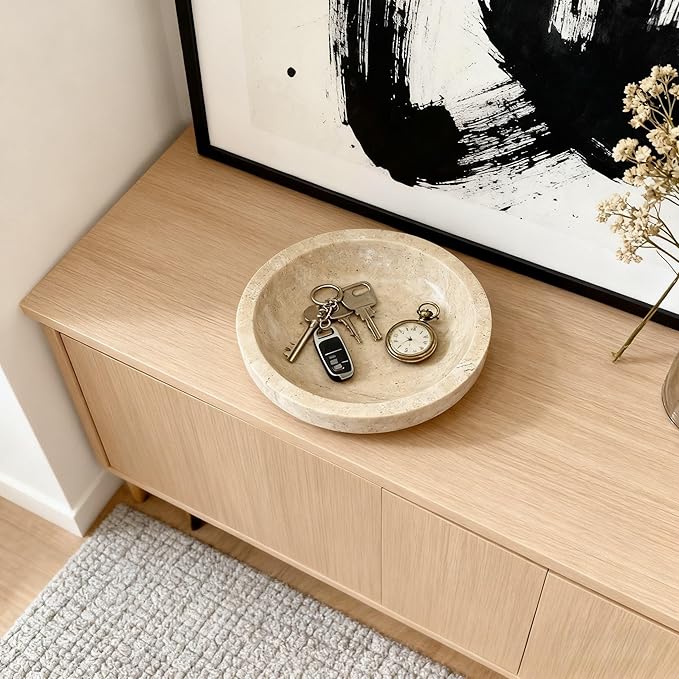 Small Travertine Decorative Bowl for Keys, 5.9 inches,Natural Stone Bowl for Home Decor, Fruit, Nuts, Jewelry tray,Coffee Tables Centerpiece, Soap Serving