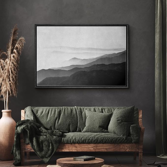 SIGNWIN Framed Canvas Print Wall Art Black Gray Watercolor Foggy Mountains Abstract Nature Illustrations Modern Art Decorative Elements Duotone for Living Room, Bedroom, Office - 24"x36" Black