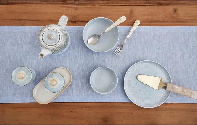 Solino Home Linen Table Runner 120 Inches Long - Athena, 100% Pure Linen Chambray Blue Table Runner 14 x 120 Inch for Dining, Summer