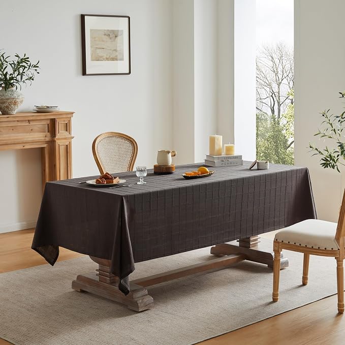 ZeeMart Linen Checked Table Cloth 52x52 Inches, Farmhouse Style Plaid Embroidered Water Resistant Square Table Cover, Charcoal