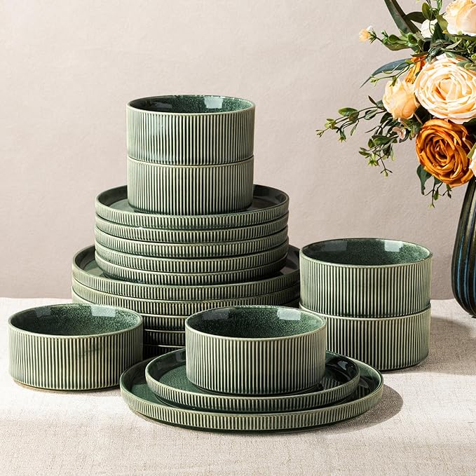 GBHOME 18-Piece Stoneware Dinnerware Set for 6 – Ribbed Ceramic Plates and Bowls, Scratch-Resistant, Microwave & Dishwasher Safe, Reactive Glaze, Dark Green