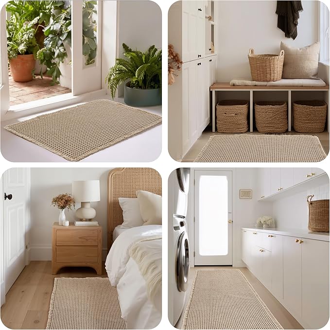 KGORGE Non Slip Waffle Brown Bathroom Rugs, Super Absorbent Quick Dry Soft Washable Small Bath Mat with Tassels for Bathroom Floor Shower Tub Hotel Kitchen Entryway, 18" W x 30" L, 1 Piece