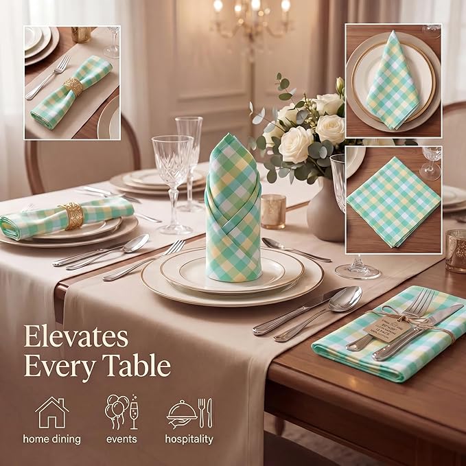 Urban Villa Cloth Napkins 100% Cotton Highly Absorbent Washable Reusable Premium Dinner Napkins Ideal for Gifts for Mothers Day Hotel Farmhouse Parties - Green Sand Checks (20" x 20", Set of 12)