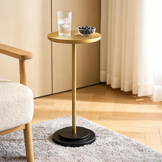 COVLON Drink Table Set of 2, Small Round Pedestal Side Table with Carved Top for Living Room, Bedroom, Small Space, Corners and Office, Gold and Black