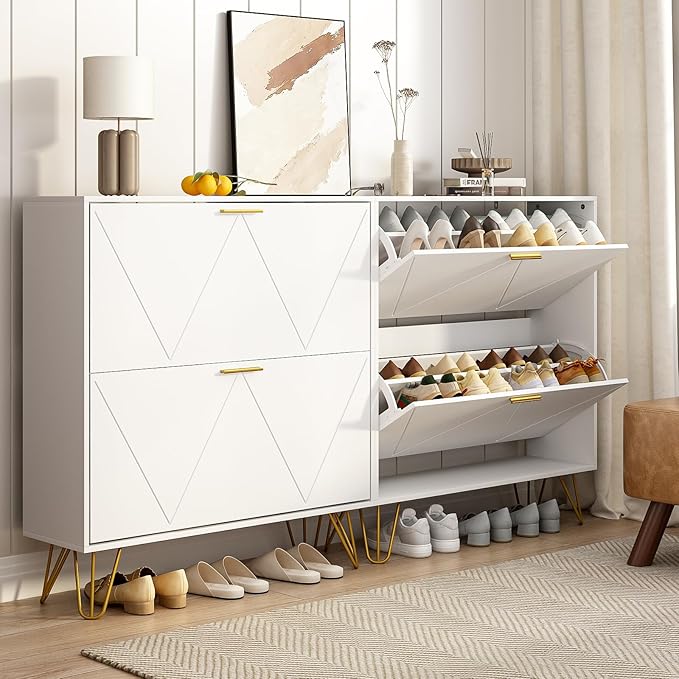 Tradare White Shoe Cabinet Storage for Entryway, Set of 2, Narrow Shoe Cabinet with 2 Flip Drawers,Freestanding Organizer with Fluted Panel for Living Room, Bedroom, Hallway, Closet