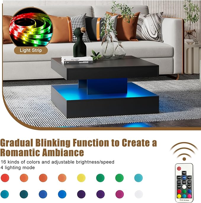 HedoAjim Black LED Coffee Table for Living Room, Living Room Table 2-Tier Square Middle Center Table, Modern Coffee Tables with Storage, Wood Tea Tables for Dining Reception, Skin Feeling