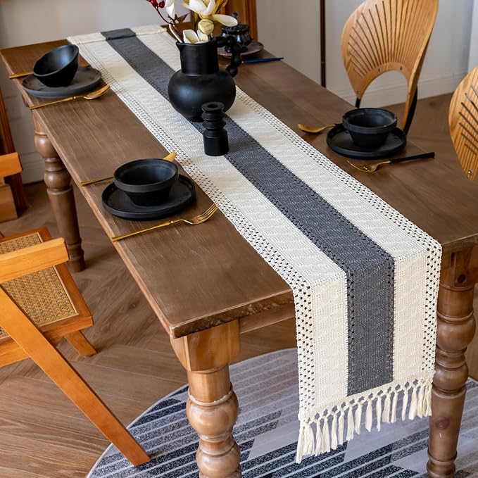 EMMTEEY Boho Table Runner with Tassels- Scratch & Heat Resistant, 94 Inches Long Table Runner Cotton Linen Macrame Handmade for Dining Table/Wedding Décor (12"X94", Grey)