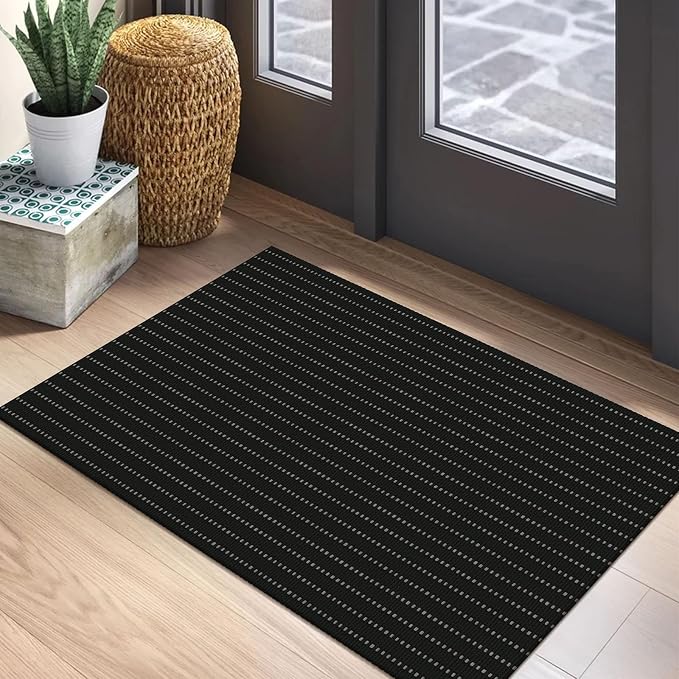 EARTHALL Small Area Rug 2x3 Ft Washable Rugs for Entryway Non Slip Braided Throw Rugs Door Mat Indoor Outdoor Entrance Cotton Woven Carpet for Kitchen Foyer Front Door, Black/Grey