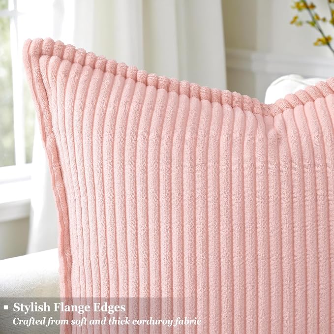 decorUhome Summer Corduroy Pink Euro Sham Throw Pillow Covers 26x26 Set of 2 Decorative Soft Boho Farmhouse Couch Pillow Covers for Living Room Bed Sofa Broadside Striped Pillow Cases