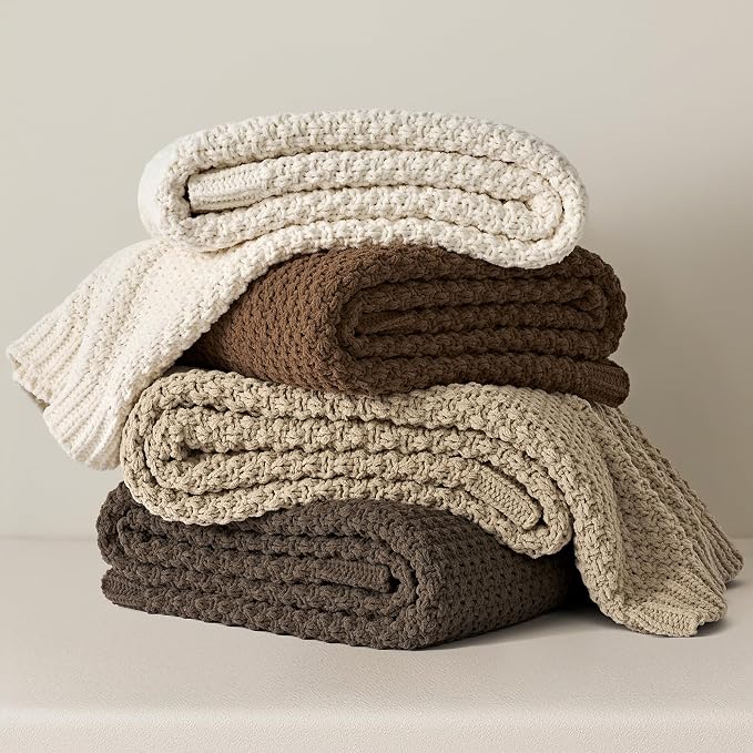 EVERGRACEHOME Chunky Chenille Knit Throw Blanket for Couch, Soft Luxurious Moss Stitch Blankets for Bed, Cozy Decorative Farmhouse Knitted Throws for Sofa, Sand Dune, 50" x 60"
