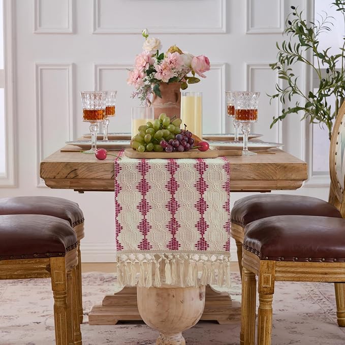 Fancy Homi Burgundy Boho Cotton Polyester Table Runner 108 Inches Long, Farmhouse Macrame Table Runners with Tassels for Home Party Bohemian Rustic Bridal Shower Kitchen Dining Decor 12x108 Inches