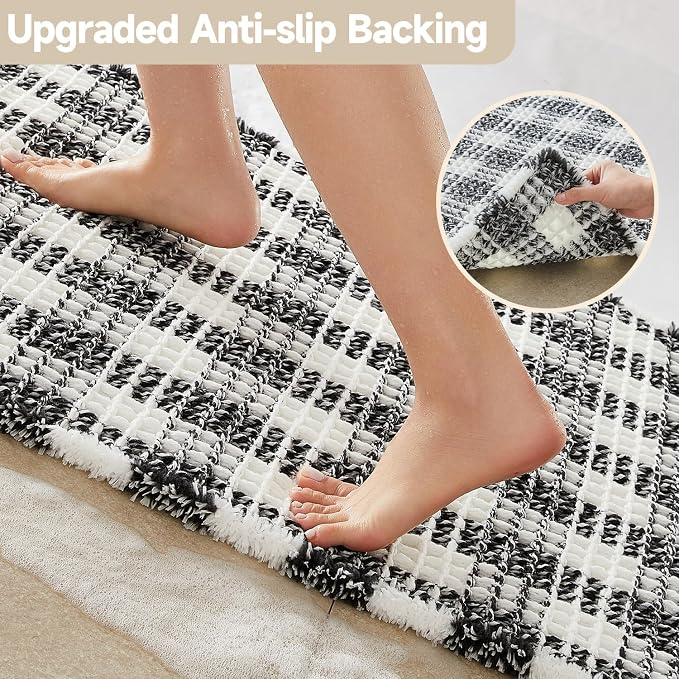 TYUU Waffle Runner Rug Bathroom, Long Boho Bathroom Rugs Non Slip Washable Absorbent Checkered Bathroom Mat Quick Dry Farmhouse Bath Mat, 60"x24" Black and White