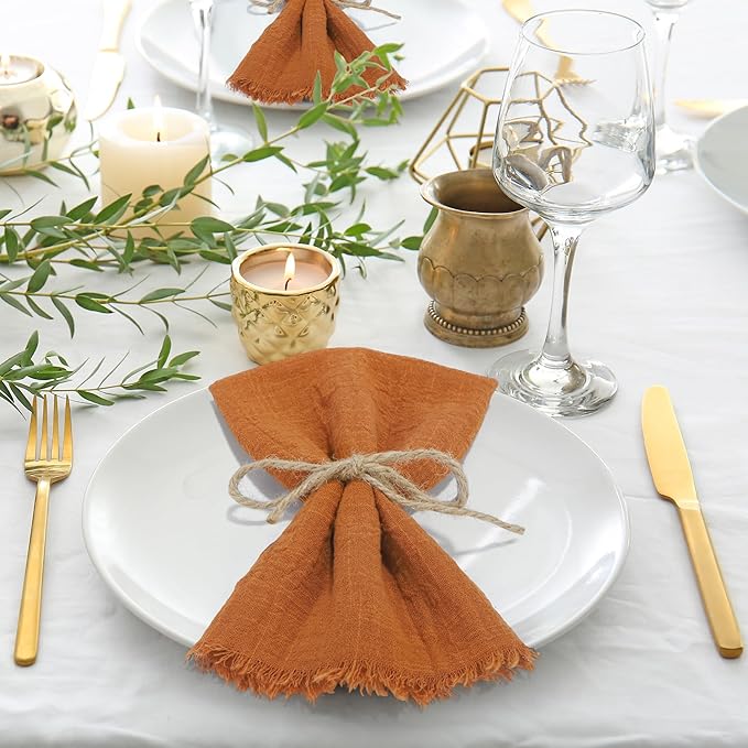 TURSTIN 24 Pieces Cotton Linen Cloth Napkin Handmade Cloth Napkin with Fringe 17 x 17 Inch Soft Dinner Wedding Napkins Square Rustic Fringe Table Napkins for Dinners, Parties, Weddings, Terracotta
