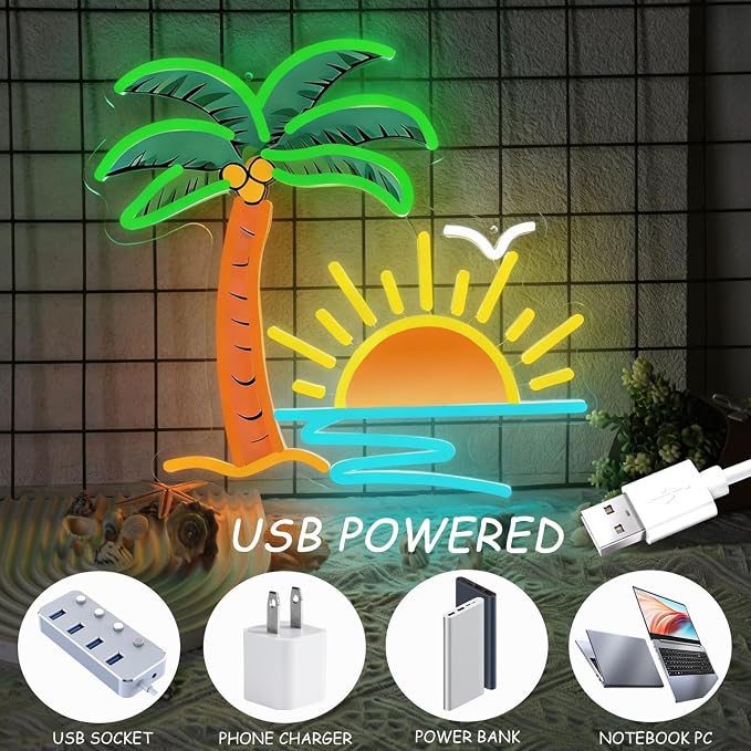 Tropical Neon Sign for Wall Decor, 13.5 x 13 Inch Palm Tree Sunset Neon Light, Dimmable USB Powered Coconut Tree LED Sign for Tiki Bar Hawaii Club Bedroom Bar Beach Theme Restaurant Party Decor