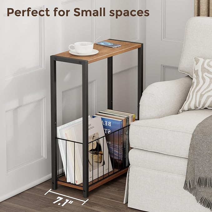 Homleke Narrow Side Table with Magazine Holder, Skinny End Table Perfect for Small Spaces, Space-Saving Design for Living Room, Bedroom, or Office, 7.1" D x 16.9" W x 23.6" H, Rustic Walnut