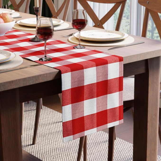 Encasa XO Cotton Dining Table Runner | Buffalo Red Checks | Size 13x48 in - Machine Washable & Durable