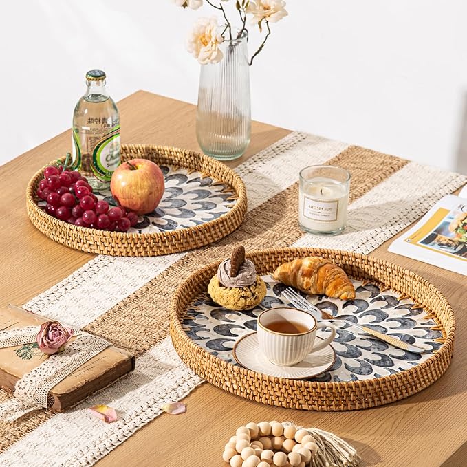 14 inch Round Rattan Tray Home Decor, Wicker Serving Tray with Mother of Pearl Inlay, Boho Decorative Tray for Coffee Table, Display, Ottoman, Kitchen Table, Bathroom (Green)