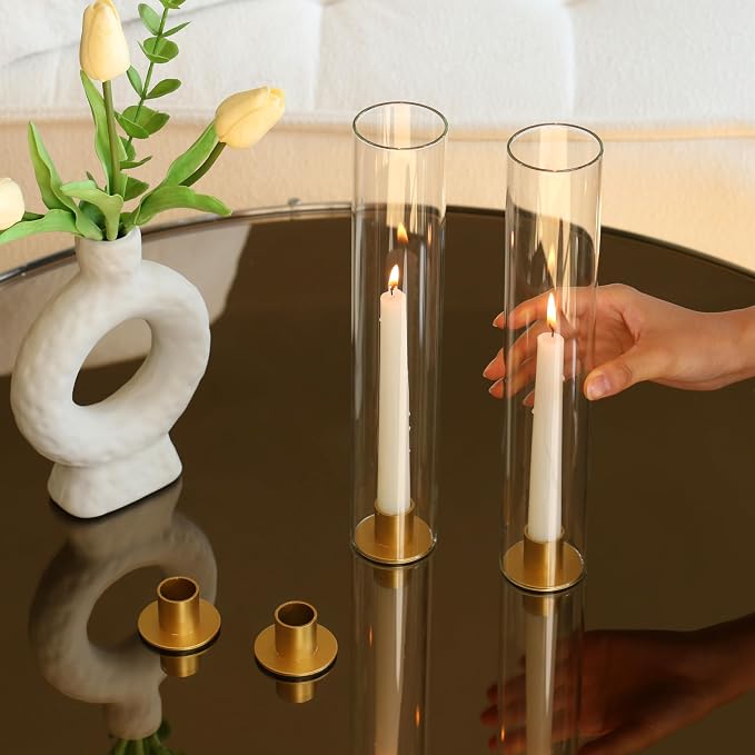 Vixdonos Glass Hurricane Candle Holder with Metal Candle Stand Set of 6 Modern Taper Candlestick Holders 11.8 inch Tall Candleholder for Wedding Party Table Centerpiece Outdoor