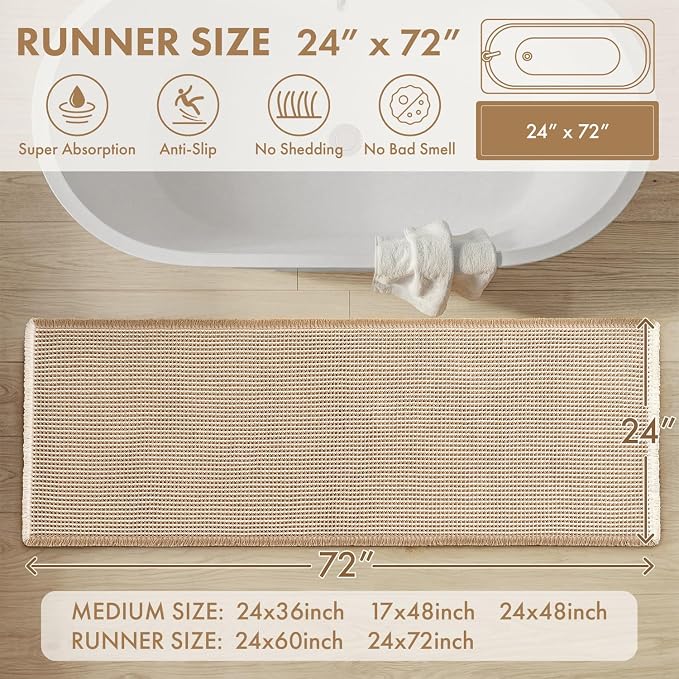 MIULEE Waffle Bathroom Runner Rugs, Super Absorbent Non Slip Bath Rug, Soft Quick Dry Washable Boho Large Beige Bath Mat with Tassels for Hallway Laundry Room Bedroom, 2'x6' (24"x72"), Brown & White