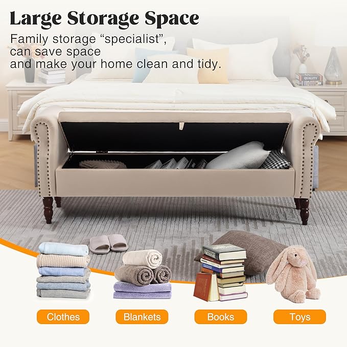 End of Bed Storage Bench King Size, 67" Storage Bench for Bedroom, Velvet Bed Bench with Storage Upholstered Tufted Storage Ottoman Bench with Arms for Bedroom, Living Room, Entryway,Khaki