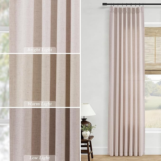 Aersas Natural White Pinch Pleated Linen Curtains 112 Inches Long for Living Room Bedroom Light Filtering Neutral Farmhouse Curtain 112 Length Hooks Rings Back Tab for Sliding Door 2 Panels