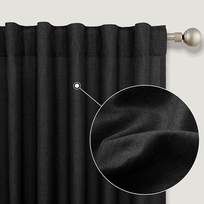 KOUFALL Black Curtains 90 Inches Long for Halloween Living Room,Semi Sheer Linen Gothic Curtains for Bedroom