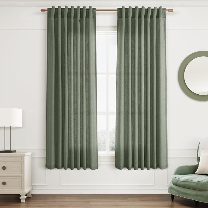 Joywell Olive Green Linen Curtains 63 Inch Length 2 Panels Light Filtering Privacy Curtains 63 Inches Long Boho Bathroom Accessories Short Curtain Panels for Bedroom Decor Emerald Dark Green 52X63